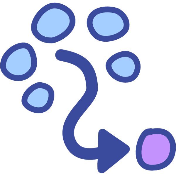 5 light blue circles with dark blue outlines are arranged in and arc. A wavy dark blue arrow comes from the center of the arc to point at a purple circle with a dark blue outline.